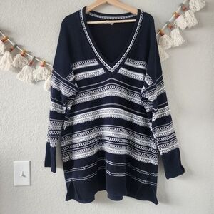 Vince Cotton Knit Striped V-neck Oversized Tunic Sweater Black Preppy Cottage XL
